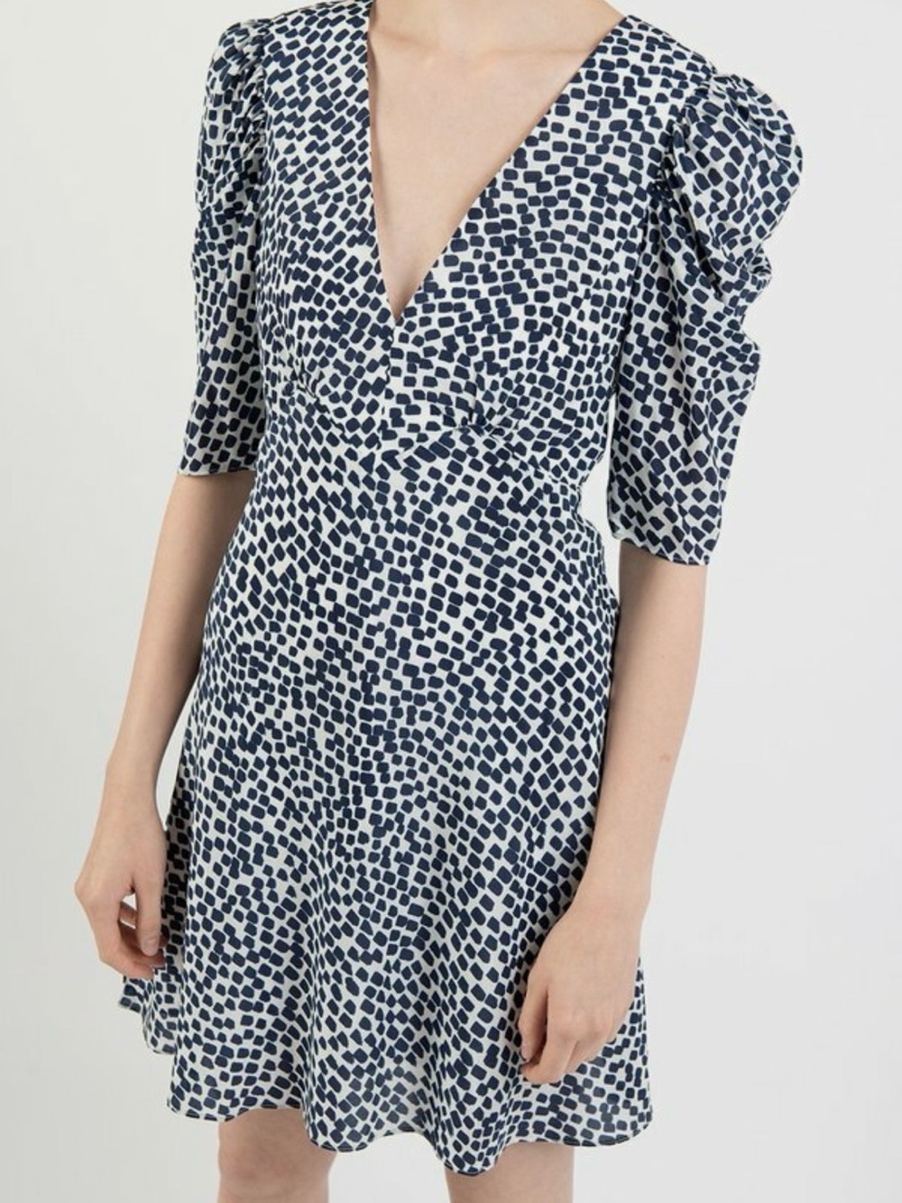 Saloni V-Neck Puff Sleeve Printed Mini Dress - Navy/White
